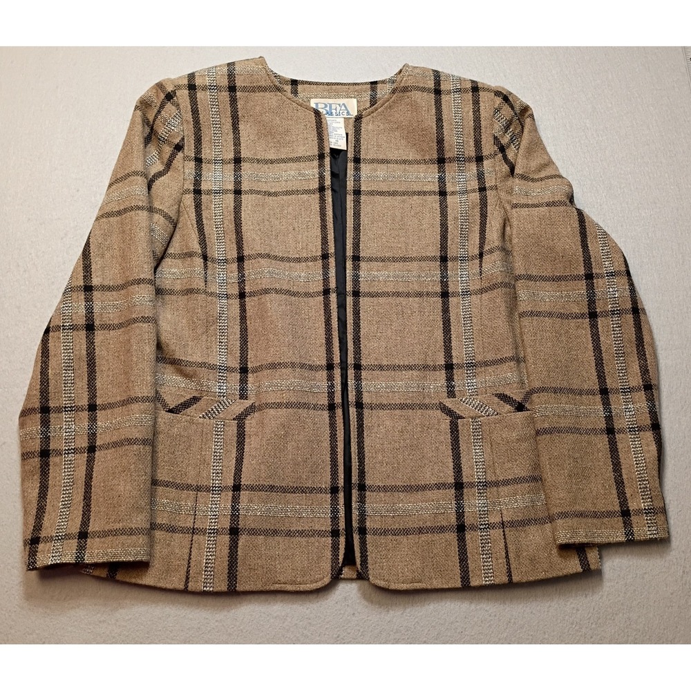 BFA Classics Blazer‎ Size 15 Open Front Check Jacket Tan/Black Pockets VTG